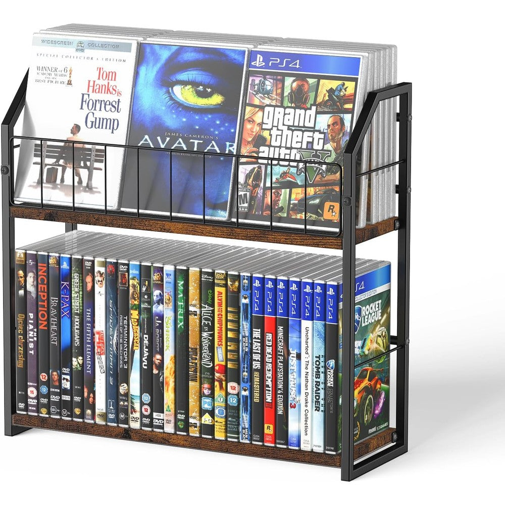 TJ.MOREE 2-tier DVD storage rack front view showcasing industrial metal and wood design.