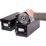 Snap-N-Store CD Storage Box front view showing black leather textured finish and chrome label holder