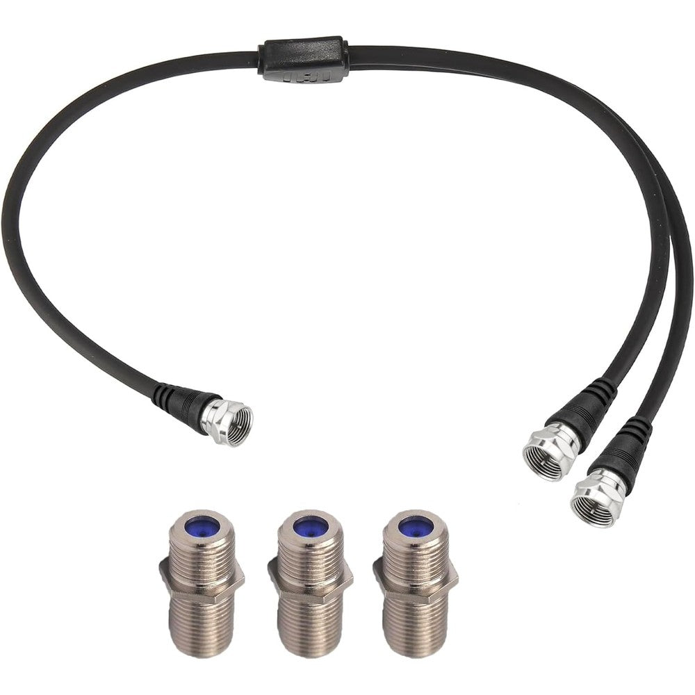 RedYutou F Type RG6 coaxial cable splitter three way Y type cable front view showing three premium nickel plated brass connectors.