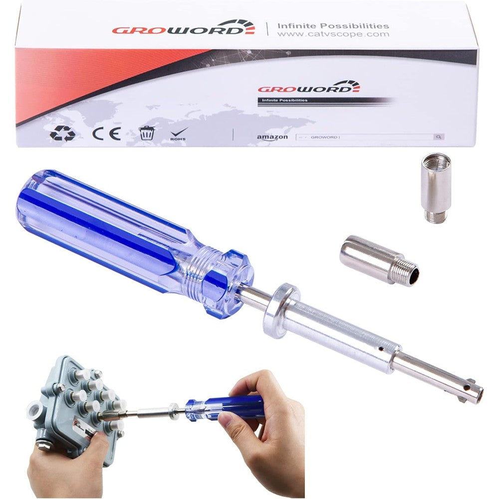 Groword 7 Inch Terminator TV Tool front view showing the blue ergonomic handle and steel shaft.