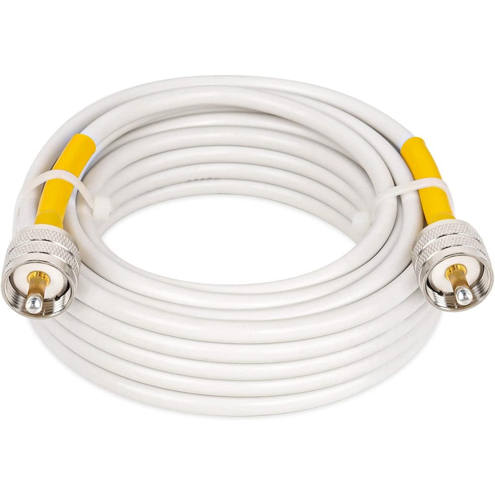 MOOKEERF CB Coaxial Cable 25 feet front view showing white marine RG8X wire and PL259 connectors.