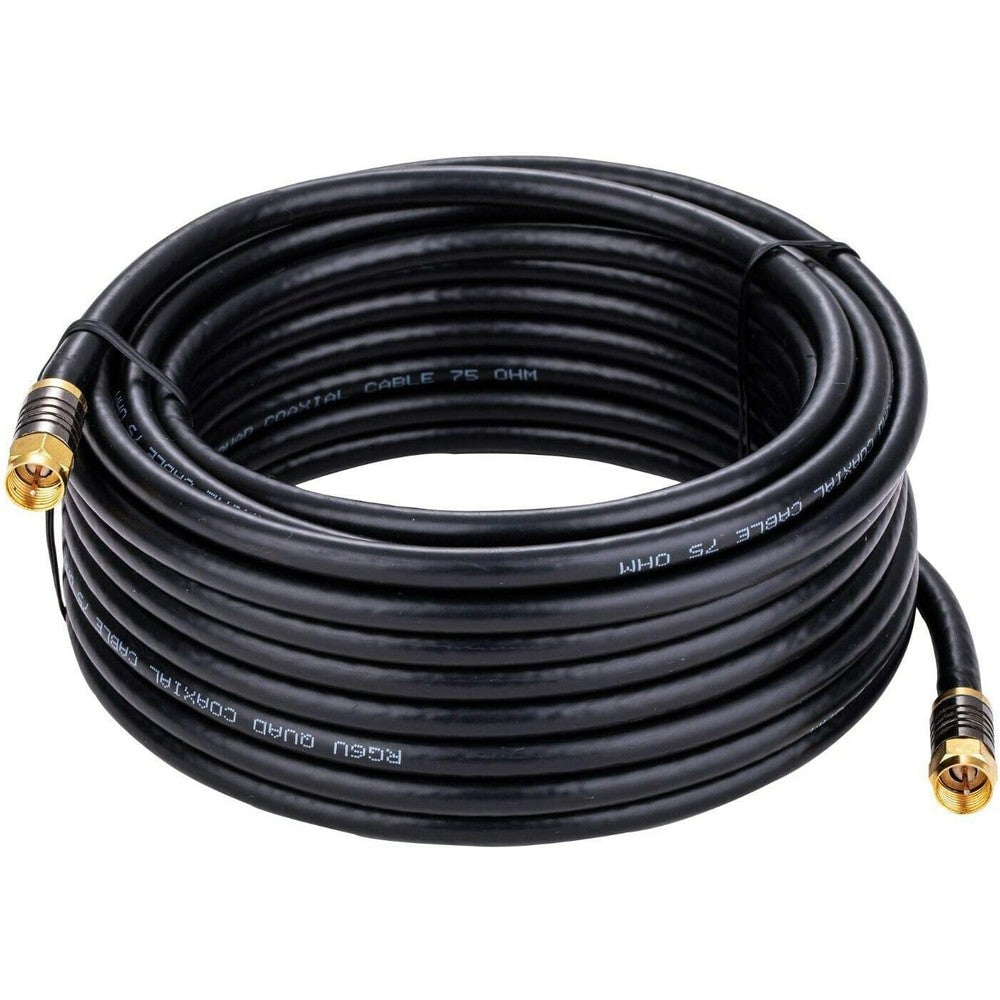 Cables Direct Online 75 feet quad shield RG6 coaxial cable front view showcasing weatherproof connectors.