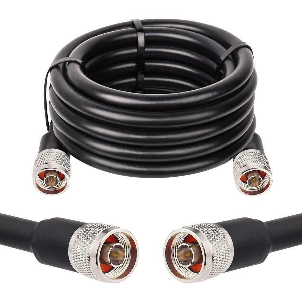 MOOKEERF KMR400 N Male to N Male coaxial cable front view showcasing the heavy duty black jacket and gold-pinned connectors.