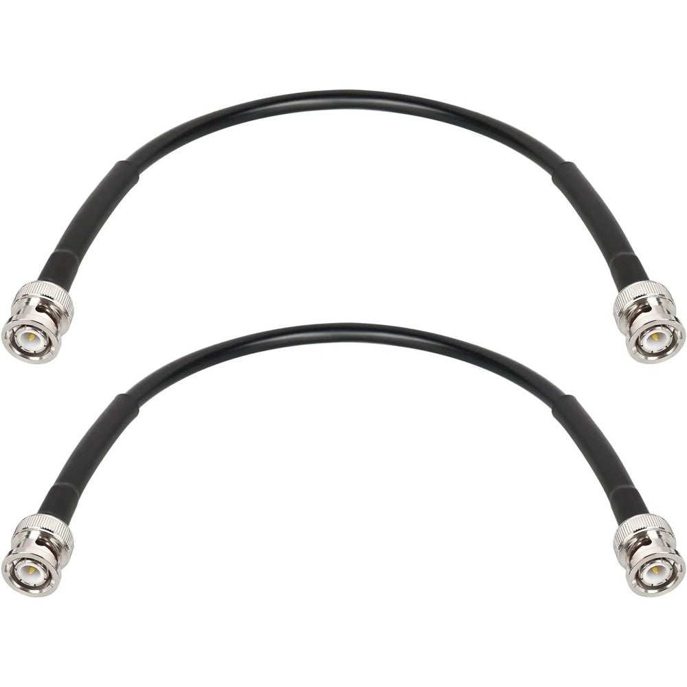MOOKEERF BNC Male to BNC Male Coax Cable front view showcasing two pieces of one-foot black RG58 coaxial jumpers.