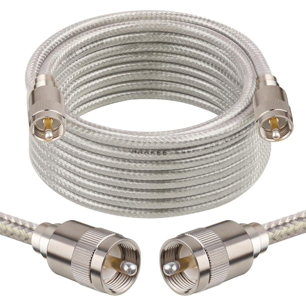 MOOKEERF CB Coaxial Cable front view showcasing the eighteen foot wound silver wire with pre-terminated PL259 connectors.