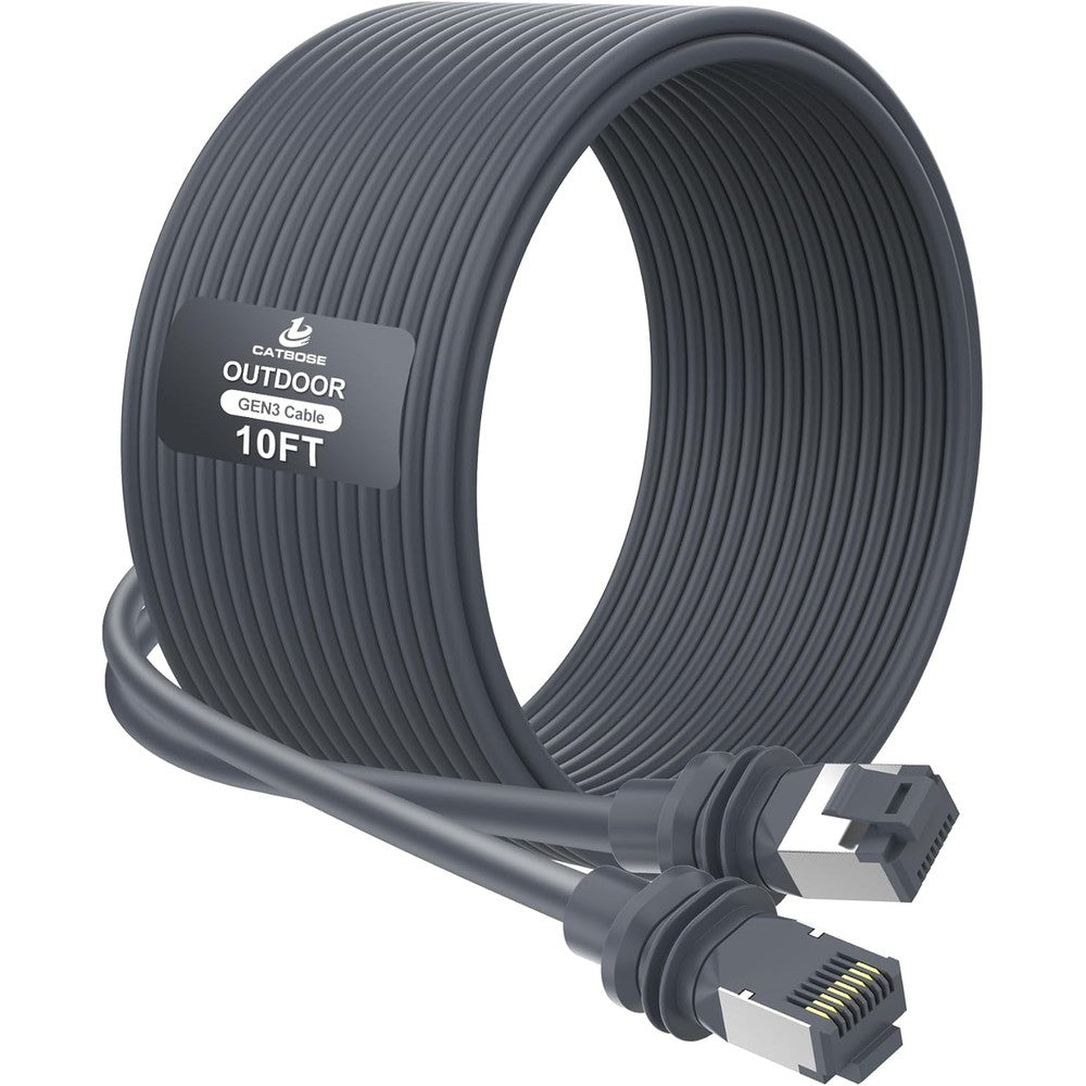 CatBose Starlink Gen3 ten foot replacement cable front view showing weather-proof connectors and thick black outer jacket.