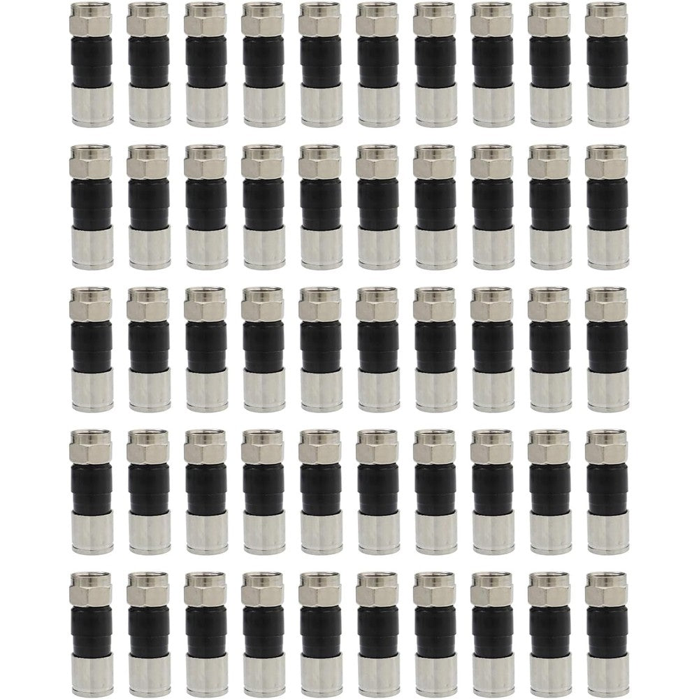Zkarabc RG6 compression connectors 50 pack front view showing premium dark nickel-plated brass body.