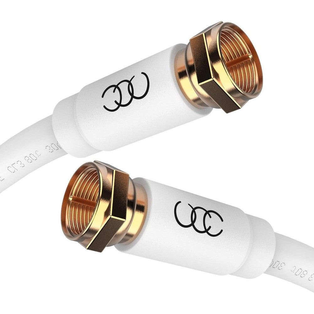 Ultra Clarity Cables RG6 Coaxial Cable front view of twenty feet white cord coiled with gold plated connectors.