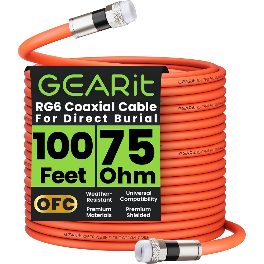 GEARit Coaxial Cable for Direct Burial 100ft front view showing heavy duty black jacket