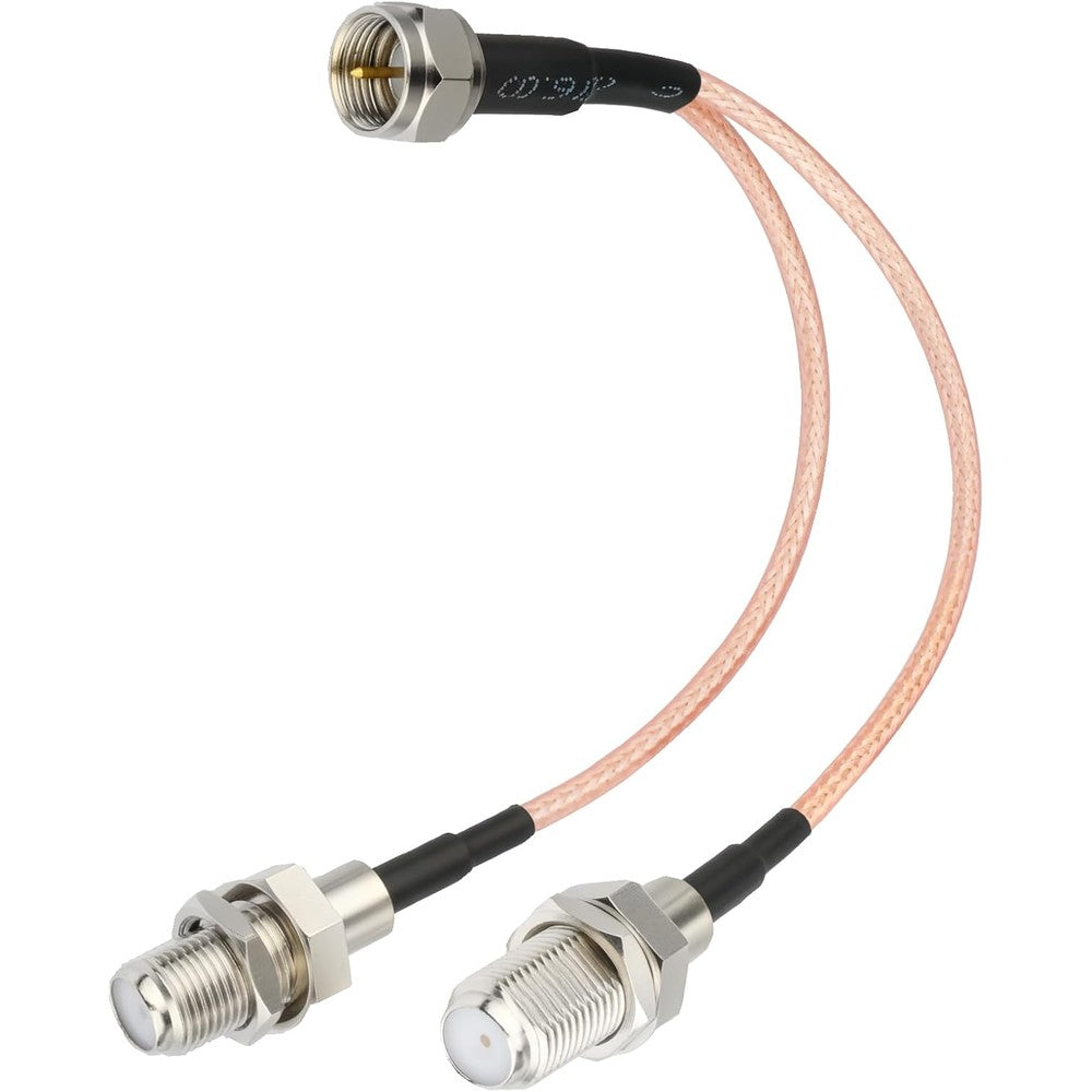 RFAdapter F-Type RG6 Splitter Coaxial Cable front view showcasing the male to dual female connectors.
