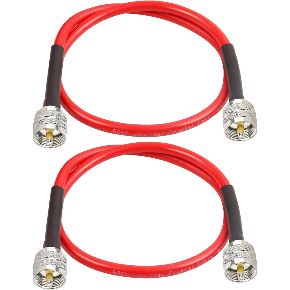 Mookeerf RG8x Jumper Cable 2-Pack front view displaying red low loss coaxial cables with PL259 male connectors.