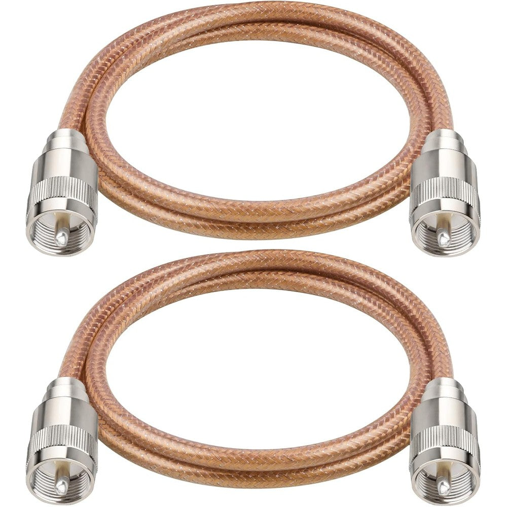 XRDS-RF RG8X coaxial cable front view showcasing the pre-installed UHF male PL259 connectors and flexible black jacket.