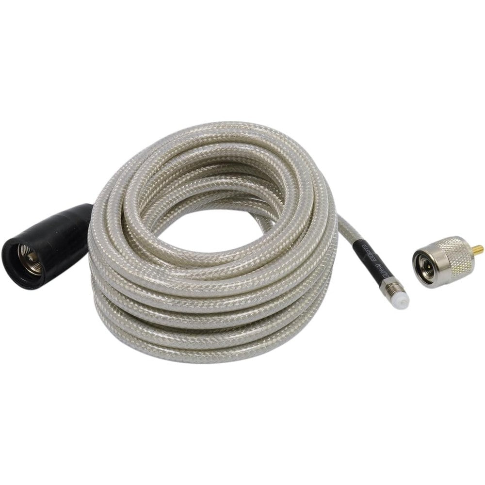 Wilson 18-foot Belden coaxial cable with clear jacket and PL-259 connector front view