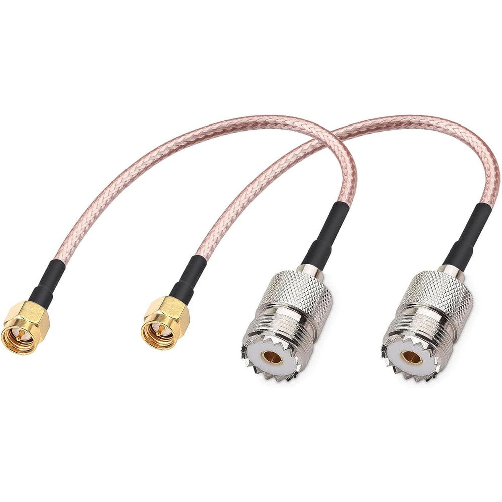 DHT Electronics handheld antenna cable front view showcasing the SMA male and UHF female connectors.