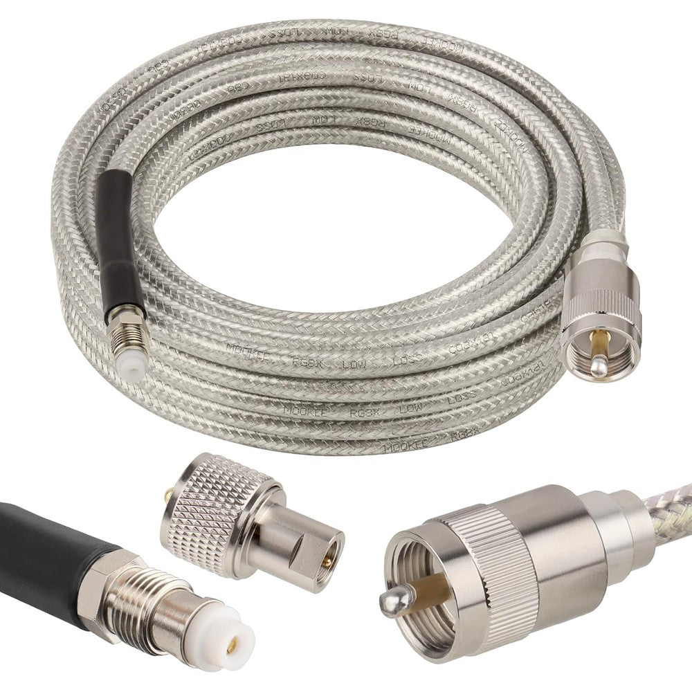 MOOKEERF 18ft CB Coax Cable front view showing silver connectors and black flexible wire packaging.