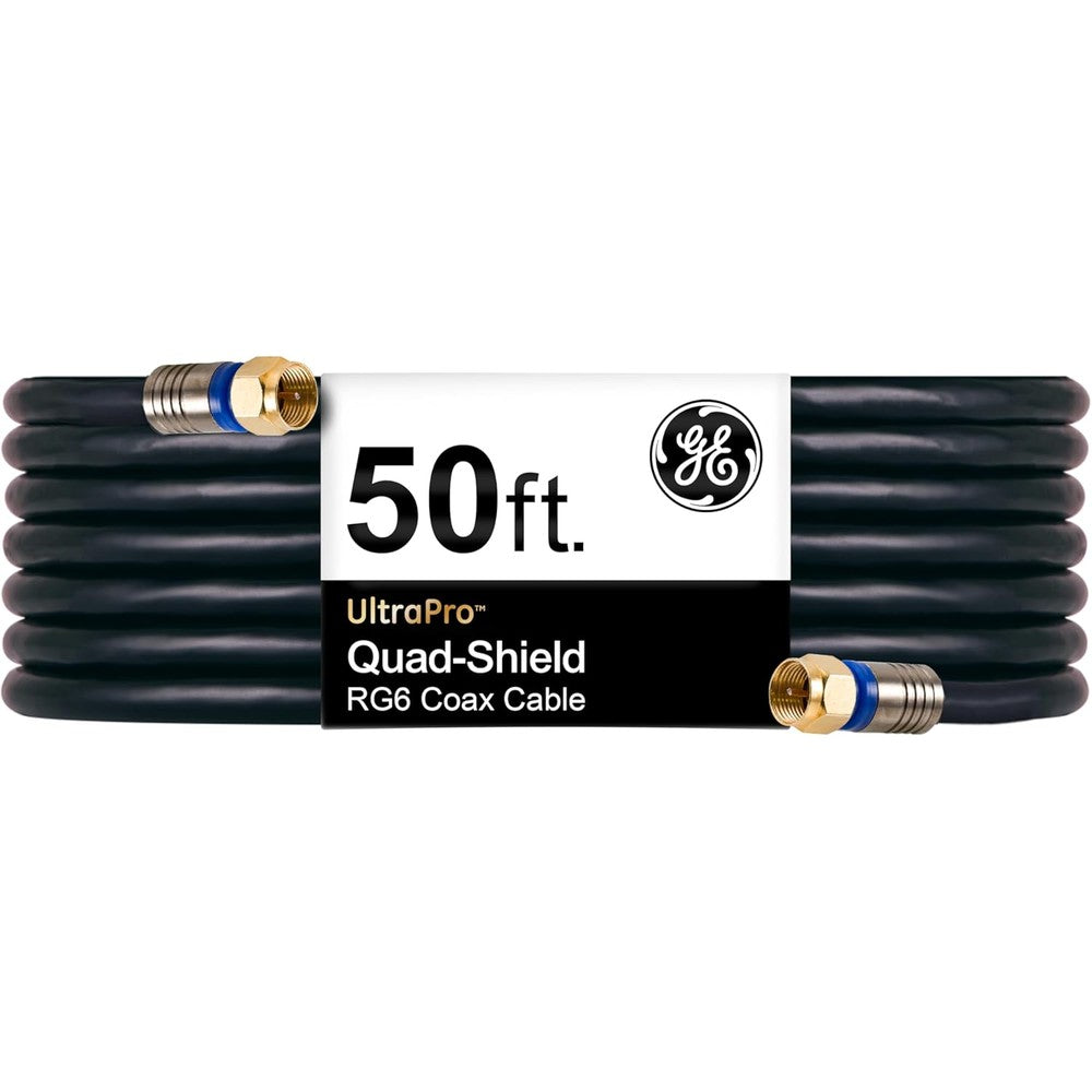 GE Ultra Pro 50 Feet 15.2 Meters RG6 Quad Shield Coaxial Cable With Gold Plated Compression F Connectors In Wall Rated Gray