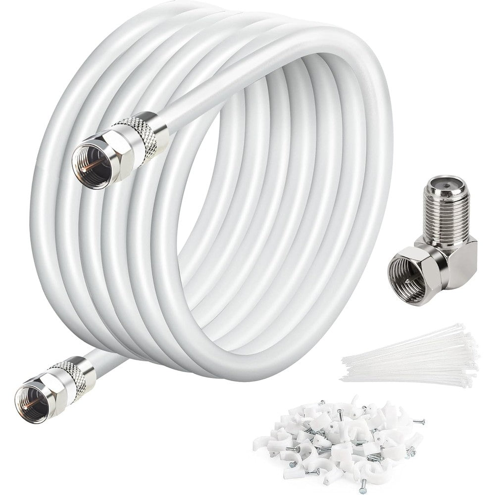 Elecan thirty feet RG6 quad shielded coaxial cable front view showcasing white premium polyvinyl chloride jacket