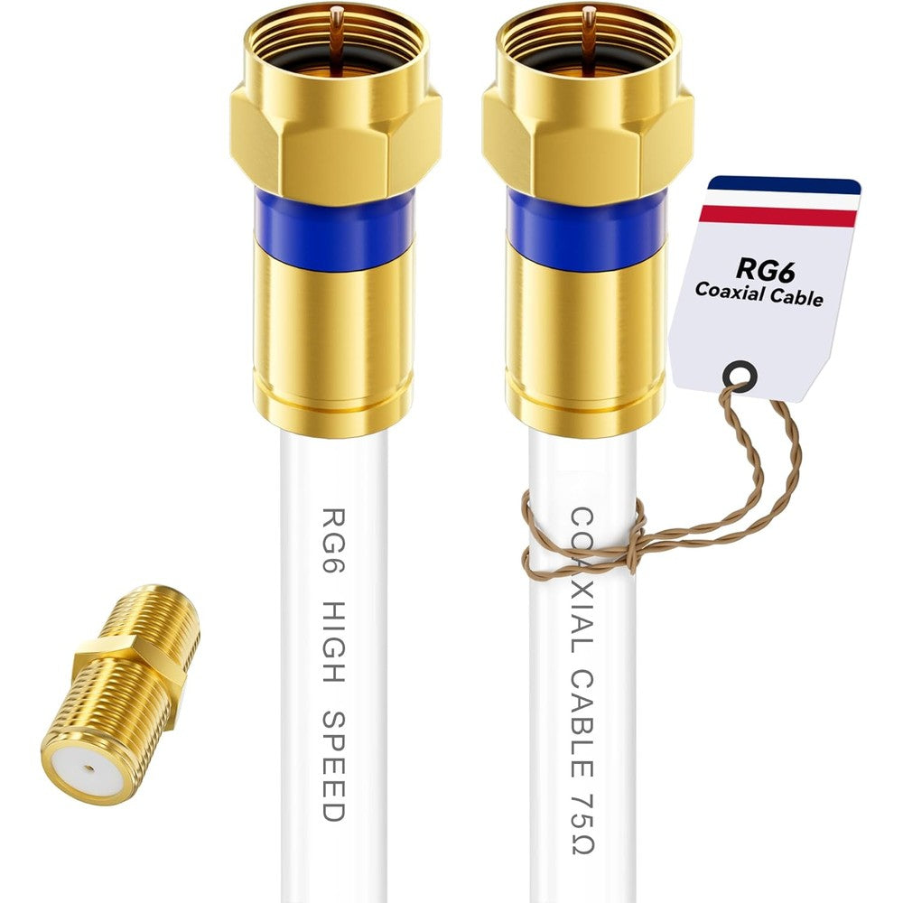 Digoloan RG6 Coaxial Cable front view showcasing gold-plated connector pins for high-speed internet setup.
