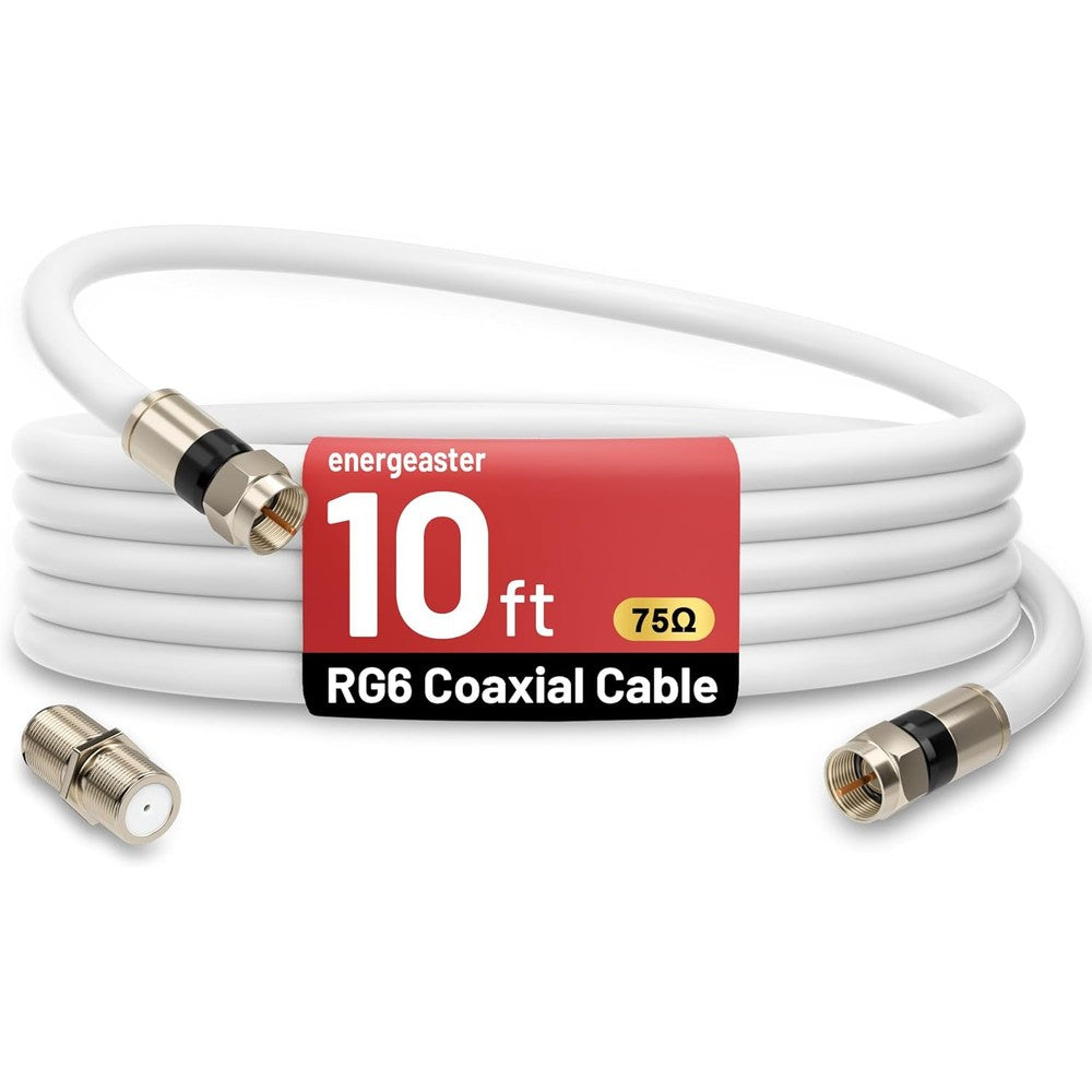 Energeaster RG6 coaxial cable 10 feet front view showing white jacket and F-type connectors.