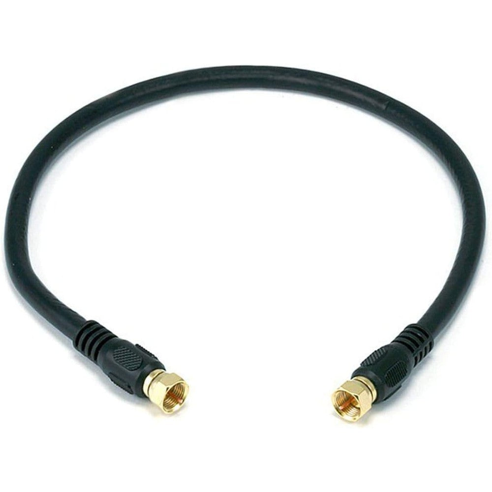 Monoprice RG6 Quad Shield CL2 Coaxial Cable front view showcasing gold-plated F-type connectors.