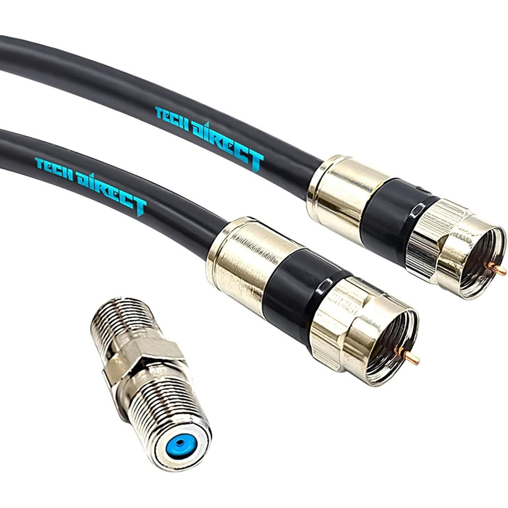 TechDirect RG6 coaxial cable front view showcasing the premium black wire jacket and pre-installed metallic F-type connector pin.