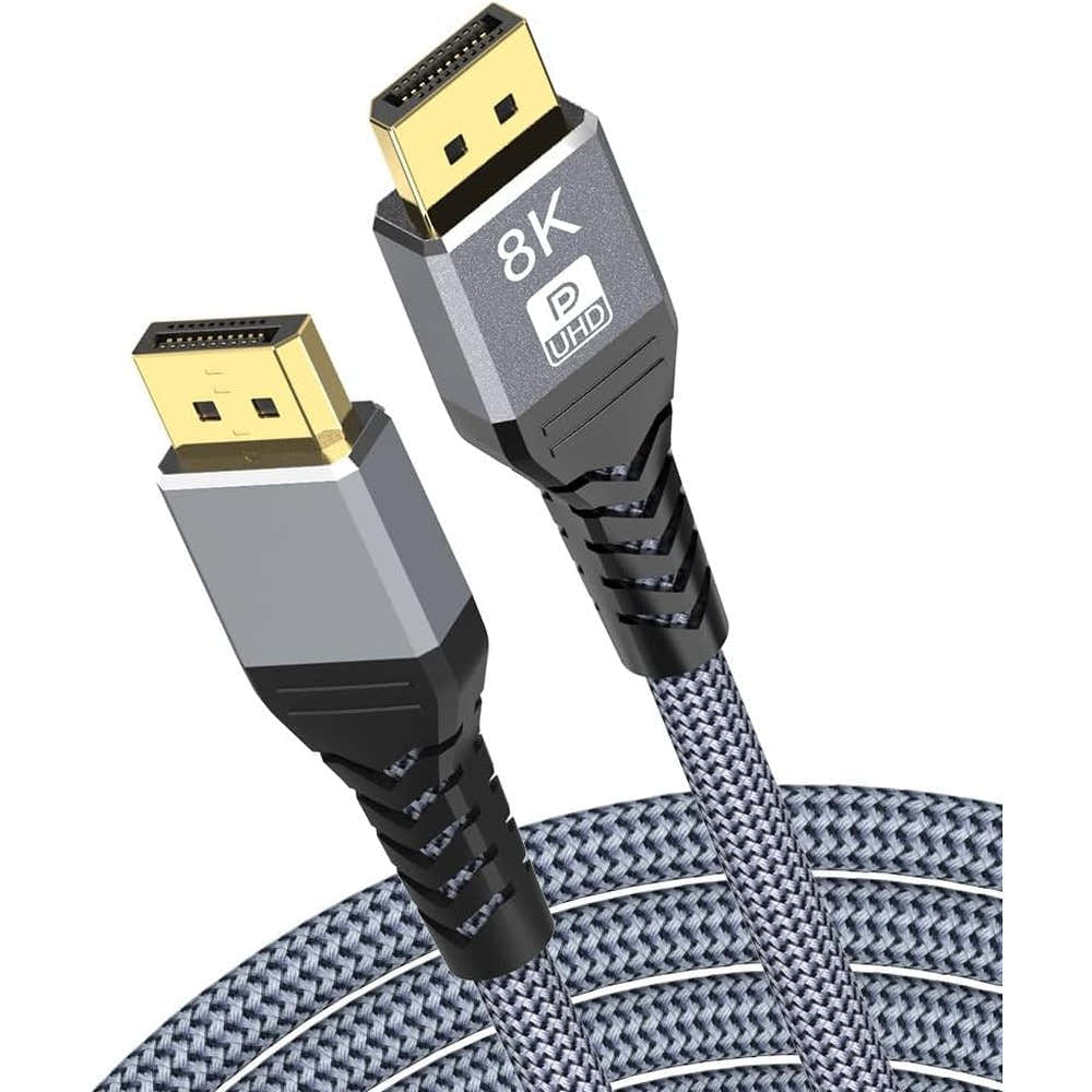 Rujcloud DisplayPort 1.4 cable front view showing gray braided nylon jacket and gold plated connector.