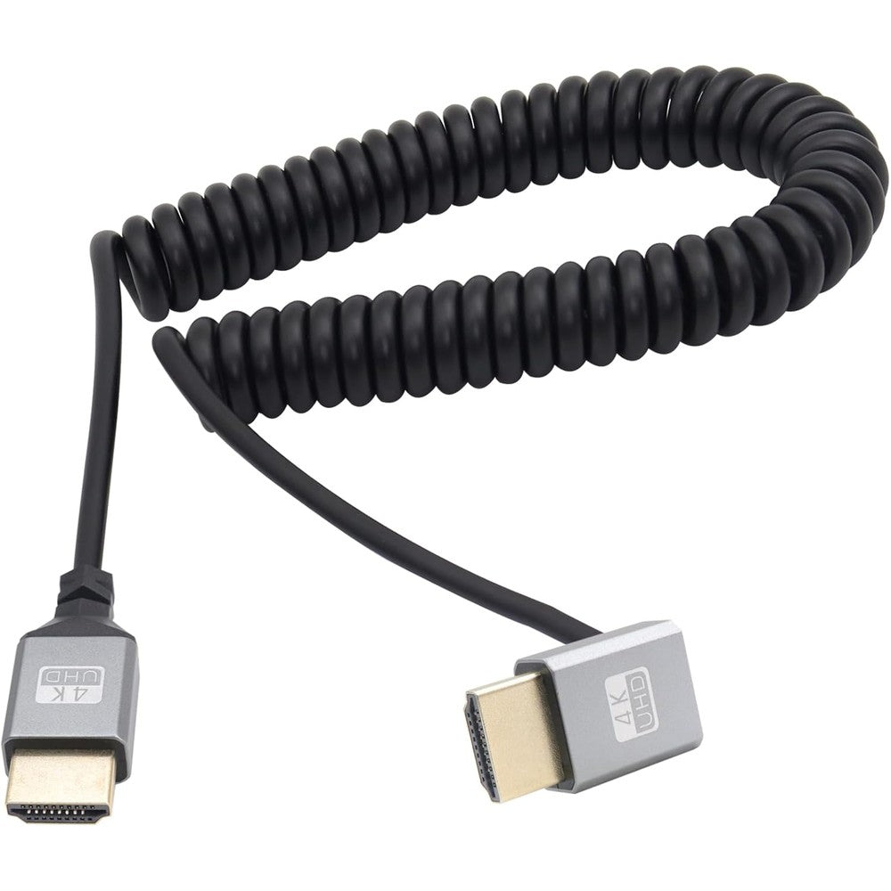 RIIEYOCA 4K HDMI coiled cable front view showcasing the ninety degree down angle connector.