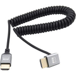 RIIEYOCA 4K HDMI coiled cable front view showcasing the ninety degree down angle connector.