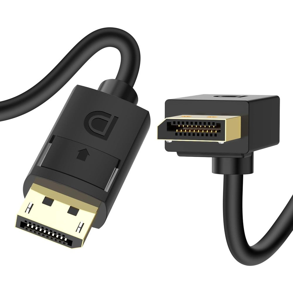 J&D Angled DisplayPort 1.4 Cable front view showing 90-degree upward connector design