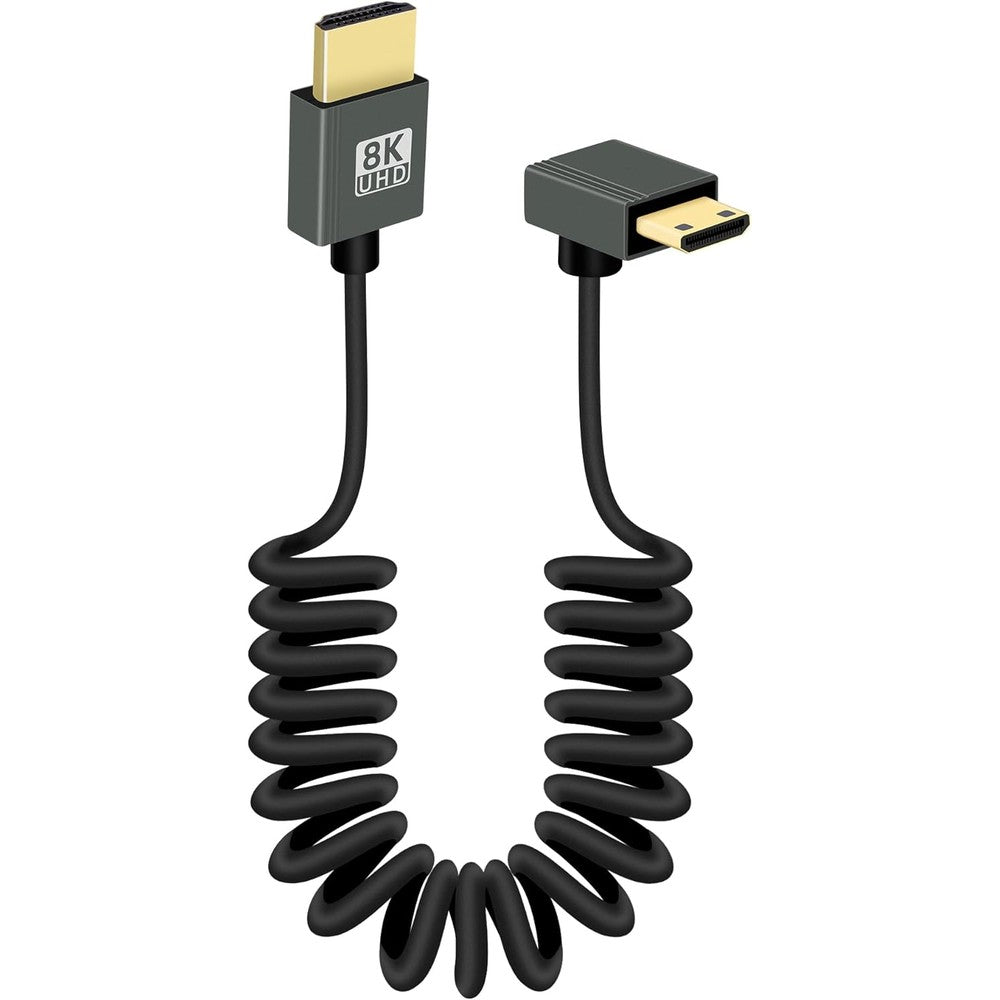 RIIEYOCA 8K mini HDMI to HDMI coiled cable front view showing 90 degree downward angled connector