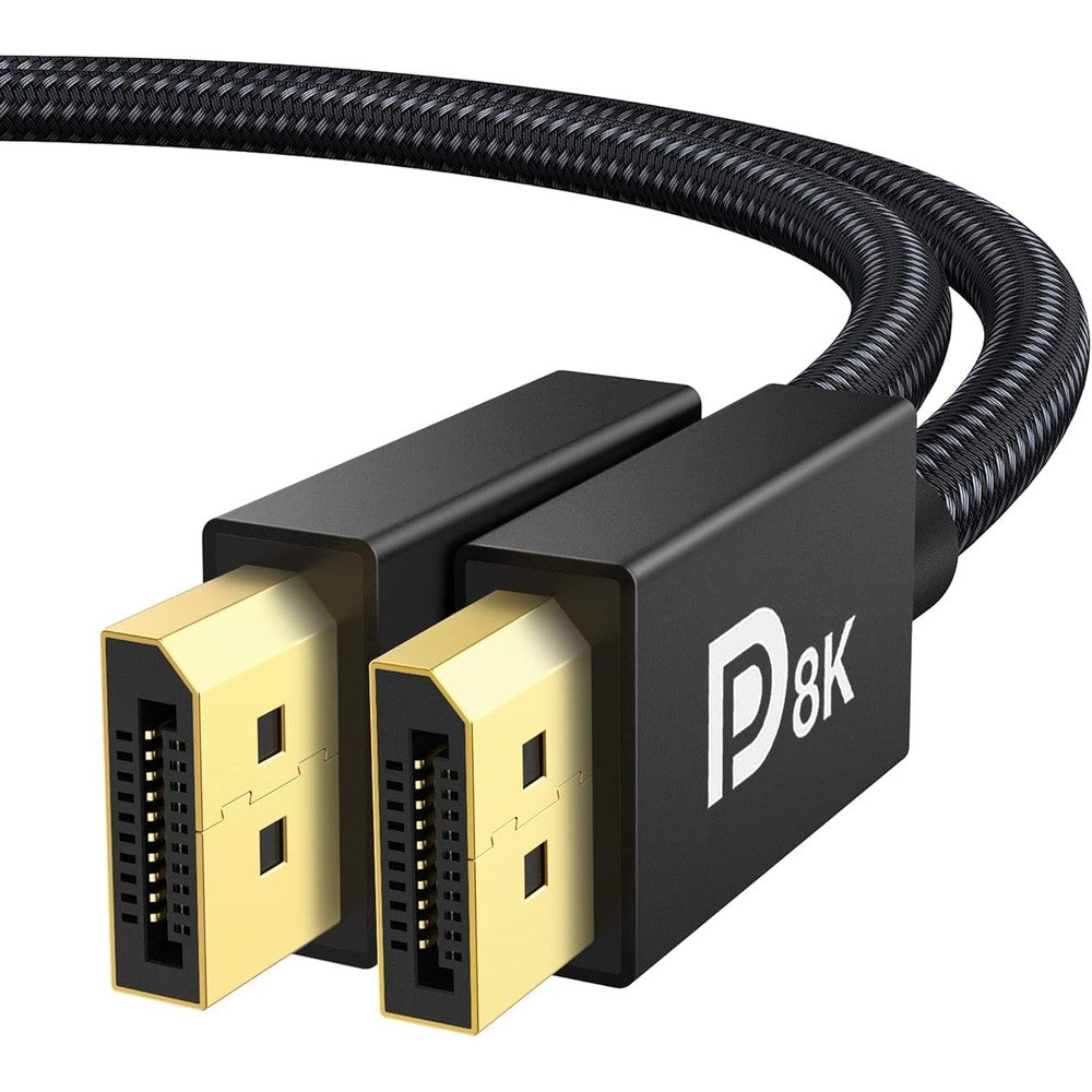 IVANKY 8K DisplayPort Cable 1.4 front view showing the gold-plated connectors and black braided jacket.