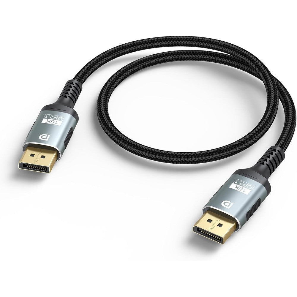 Green Jiss Short DisplayPort Cable 2.1 front view showing gold plated connectors and premium nylon braided cord.