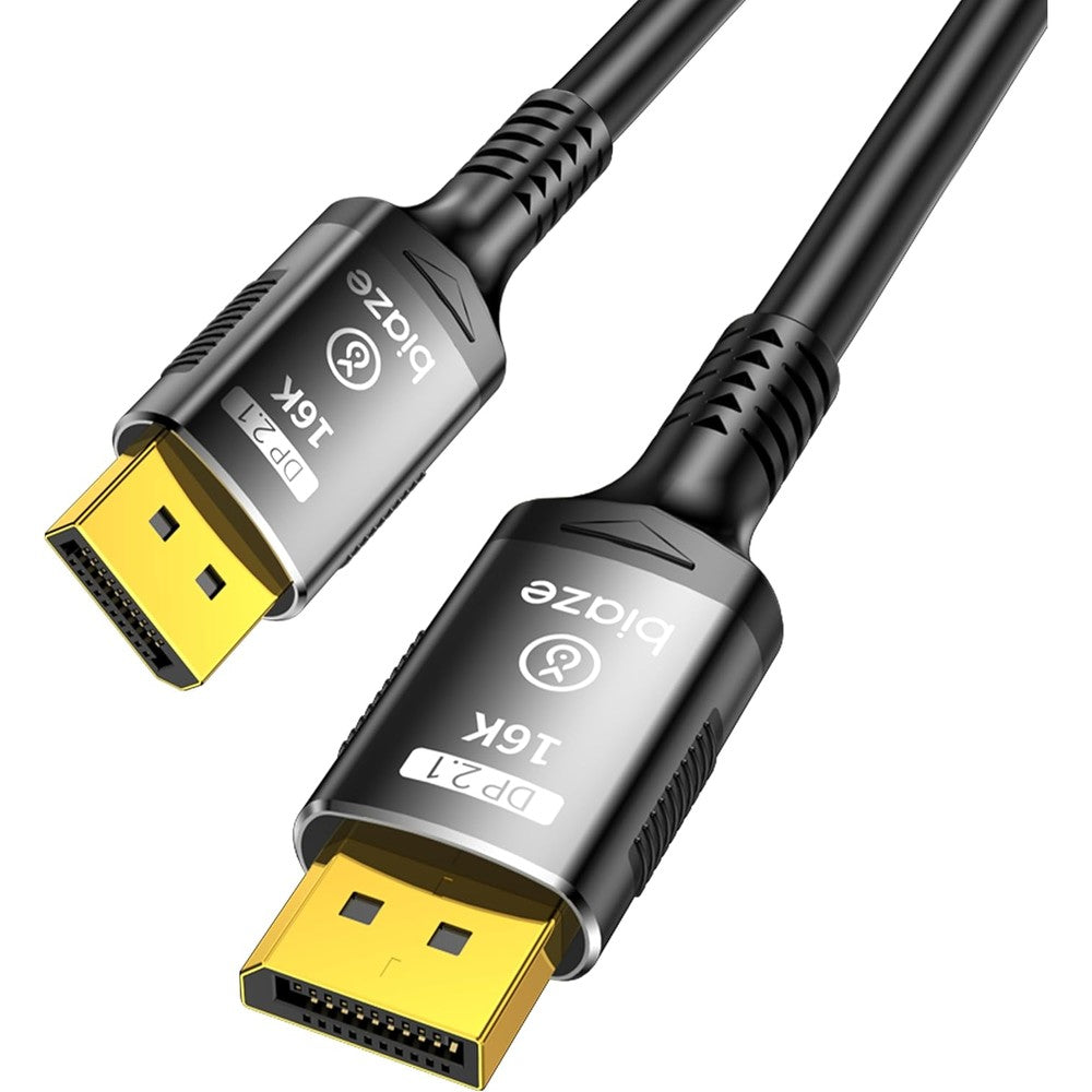 Biaze DisplayPort 2.1 Cable front view showing the gold-plated connector pins and durable black nylon braiding.