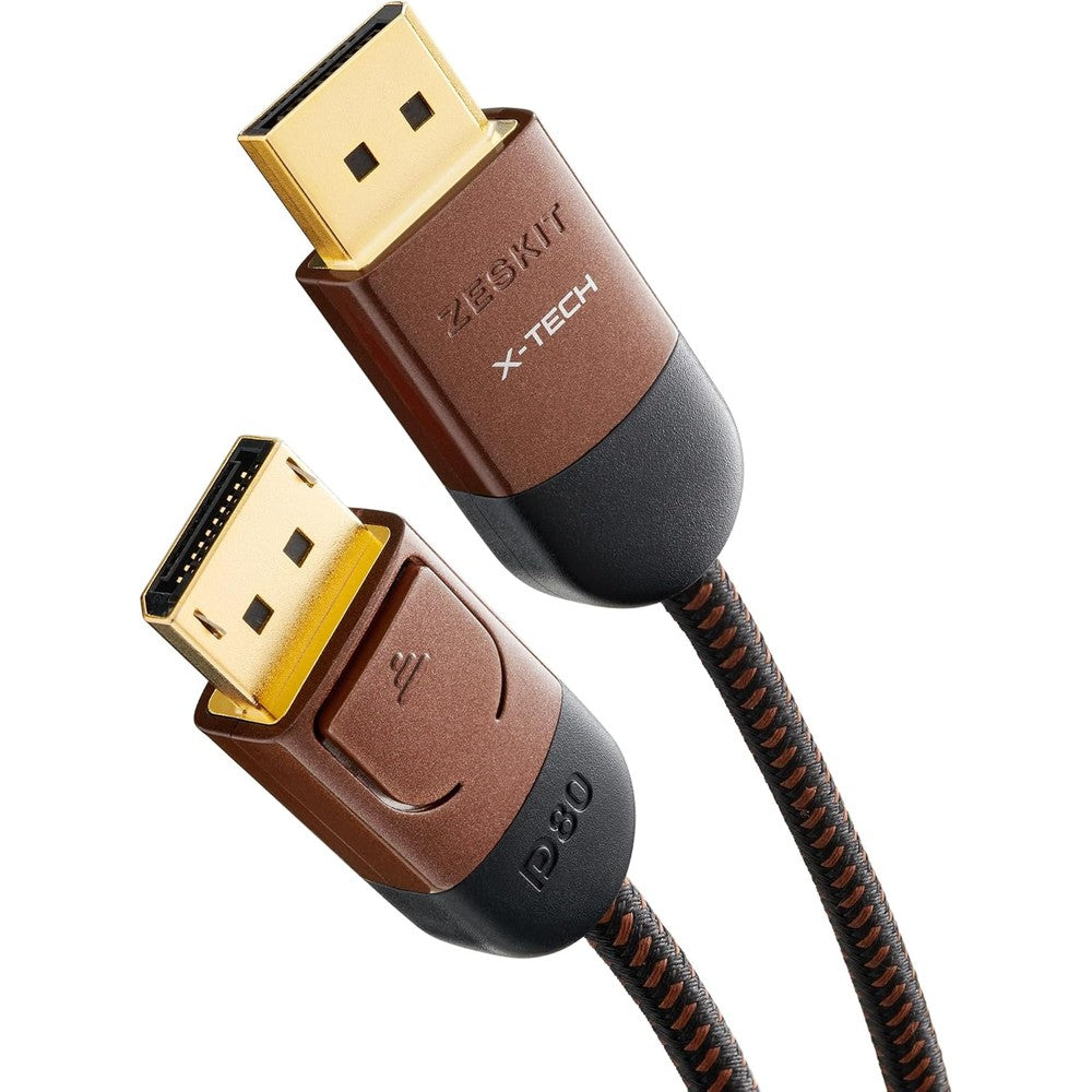 Zeskit X-Tech DisplayPort 2.1 cable front view showing premium braided jacket and gold-plated latched connector.