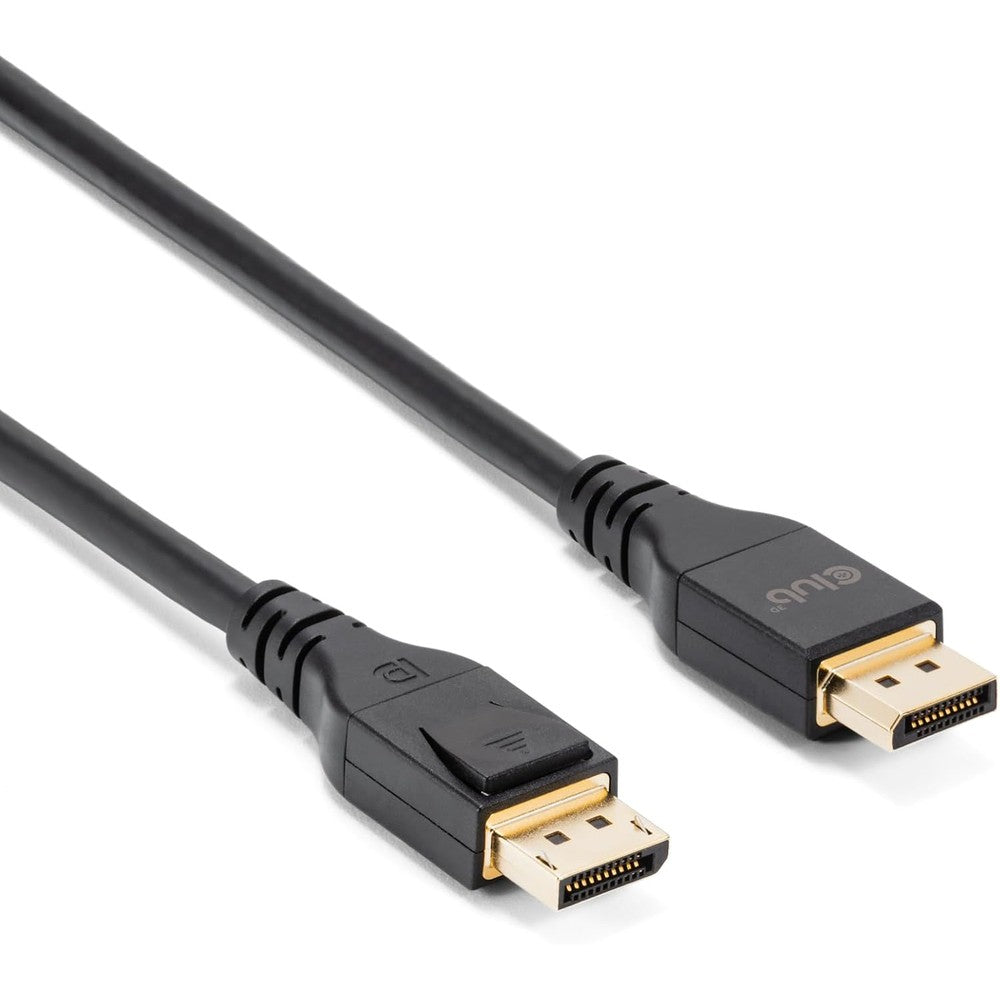 Club 3D DisplayPort 2.1 cable front view showcasing the gold plated connectors.