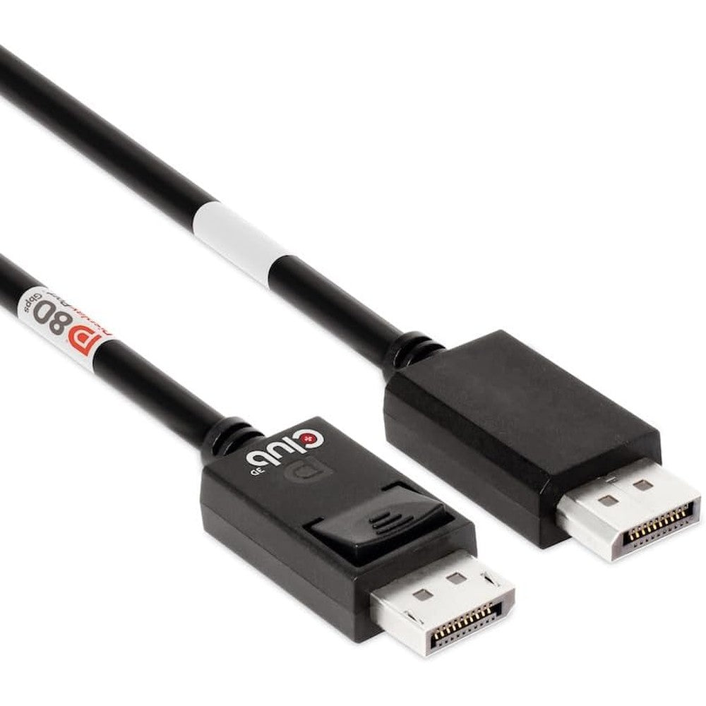 Club 3D CAC-1091 DisplayPort 2.1 cable front view showcasing the secure locking connectors.