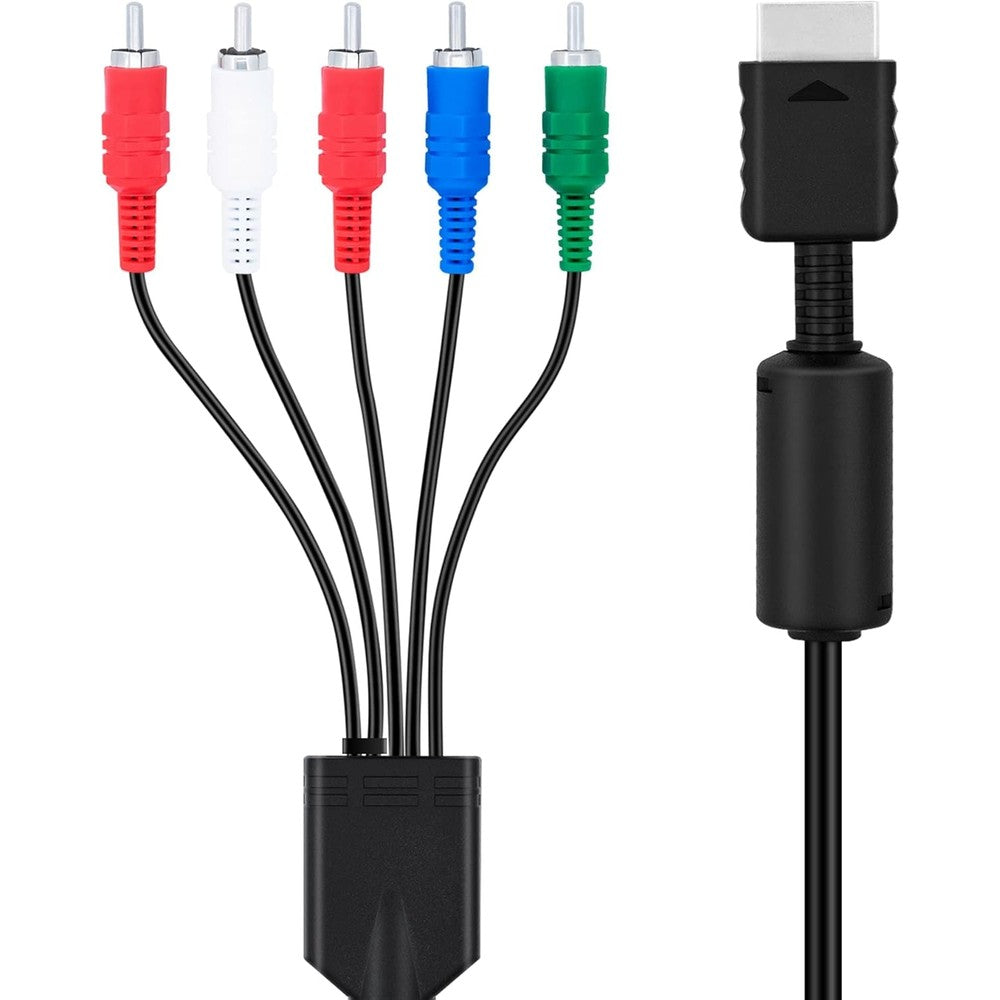 Mcbazel component HD AV cable front view showcasing the proprietary multi out connector and five color coded RCA plugs.