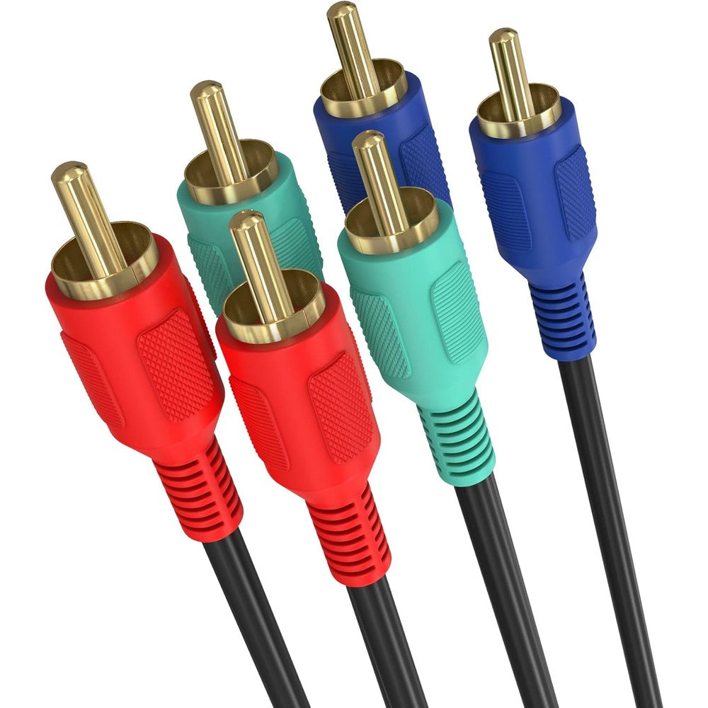 Cmple component video cable front view showcasing three color-coded gold-plated male connectors.