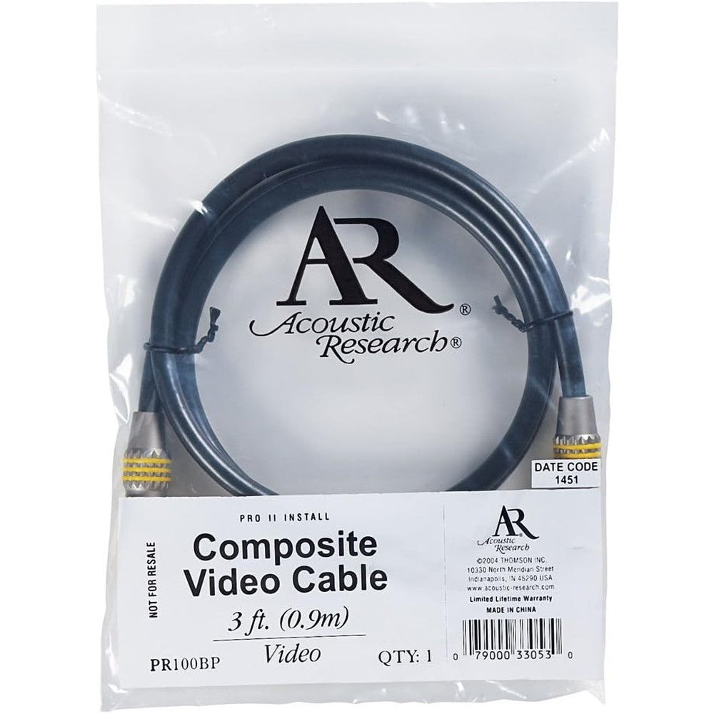 Acoustic Research PR100BP composite video cable packaging front view showing premium gold plated RCA connector