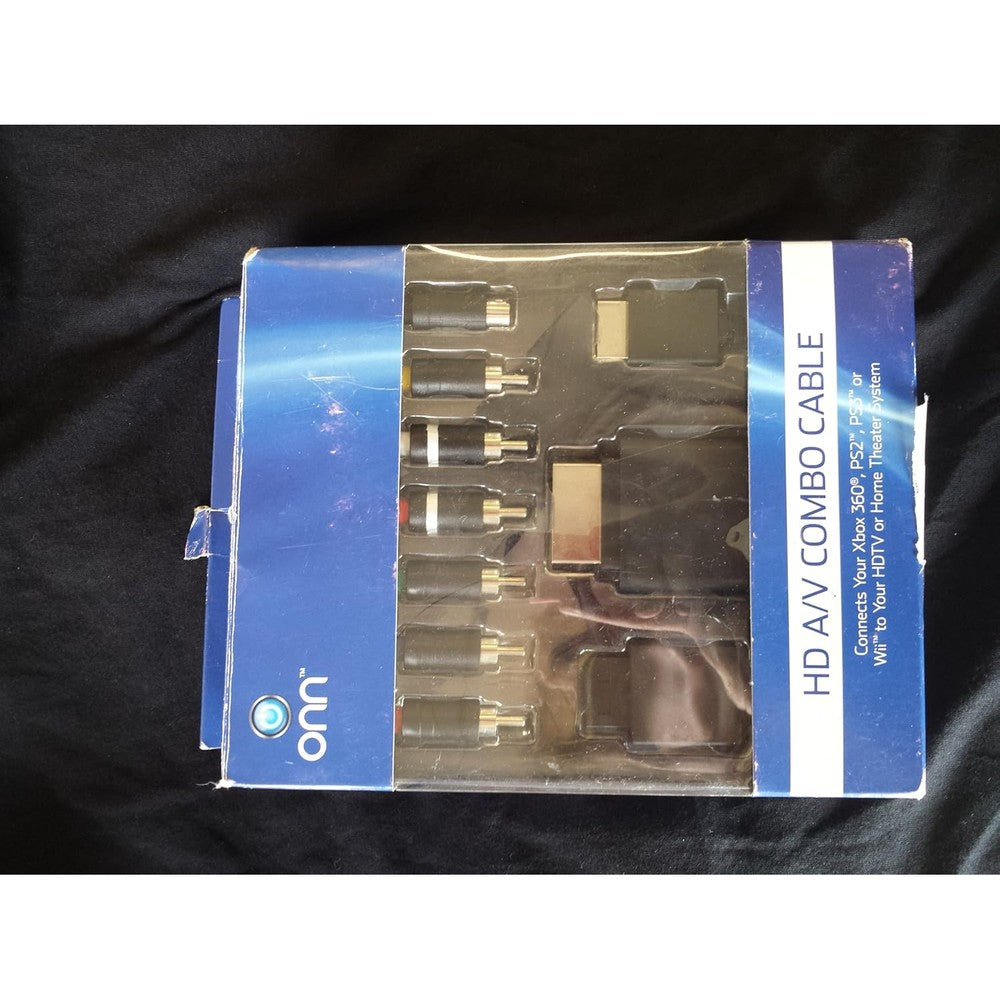 ONN Universal High Definition Audio Video Combo Cable front retail packaging view showing multi console adapter tips.
