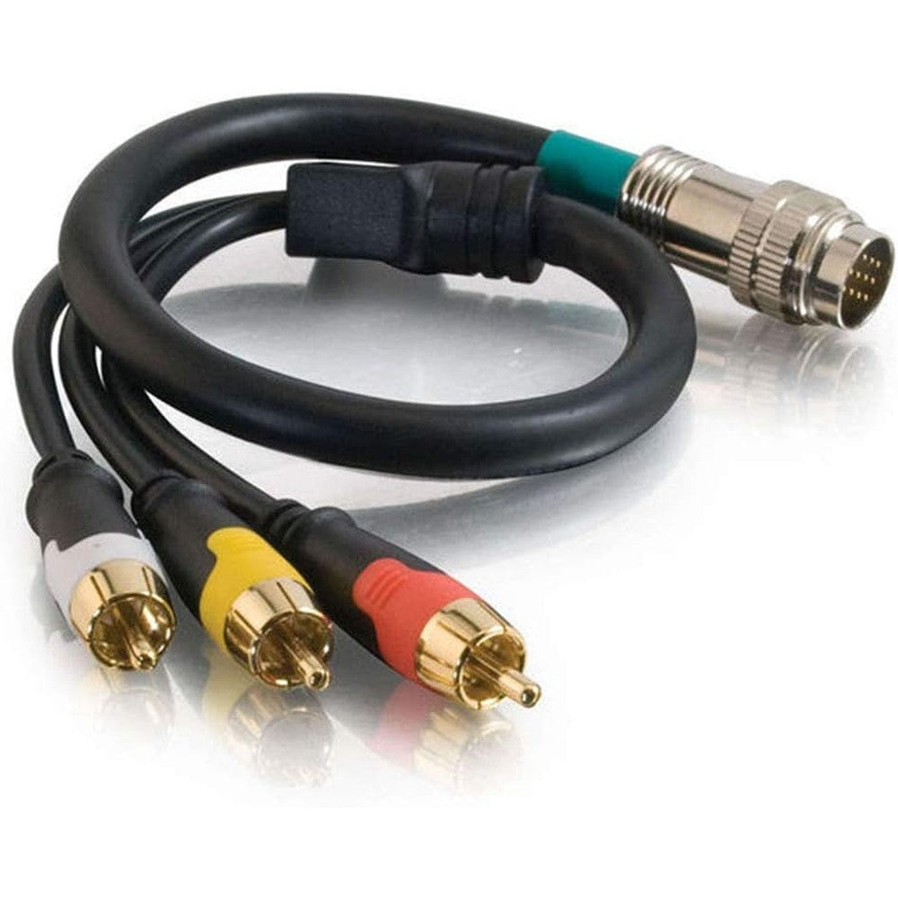 C2G Cables to Go RapidRun Composite Video Stereo Audio Flying Lead front view showing the 15-pin connector and three color-coded RCA plugs.