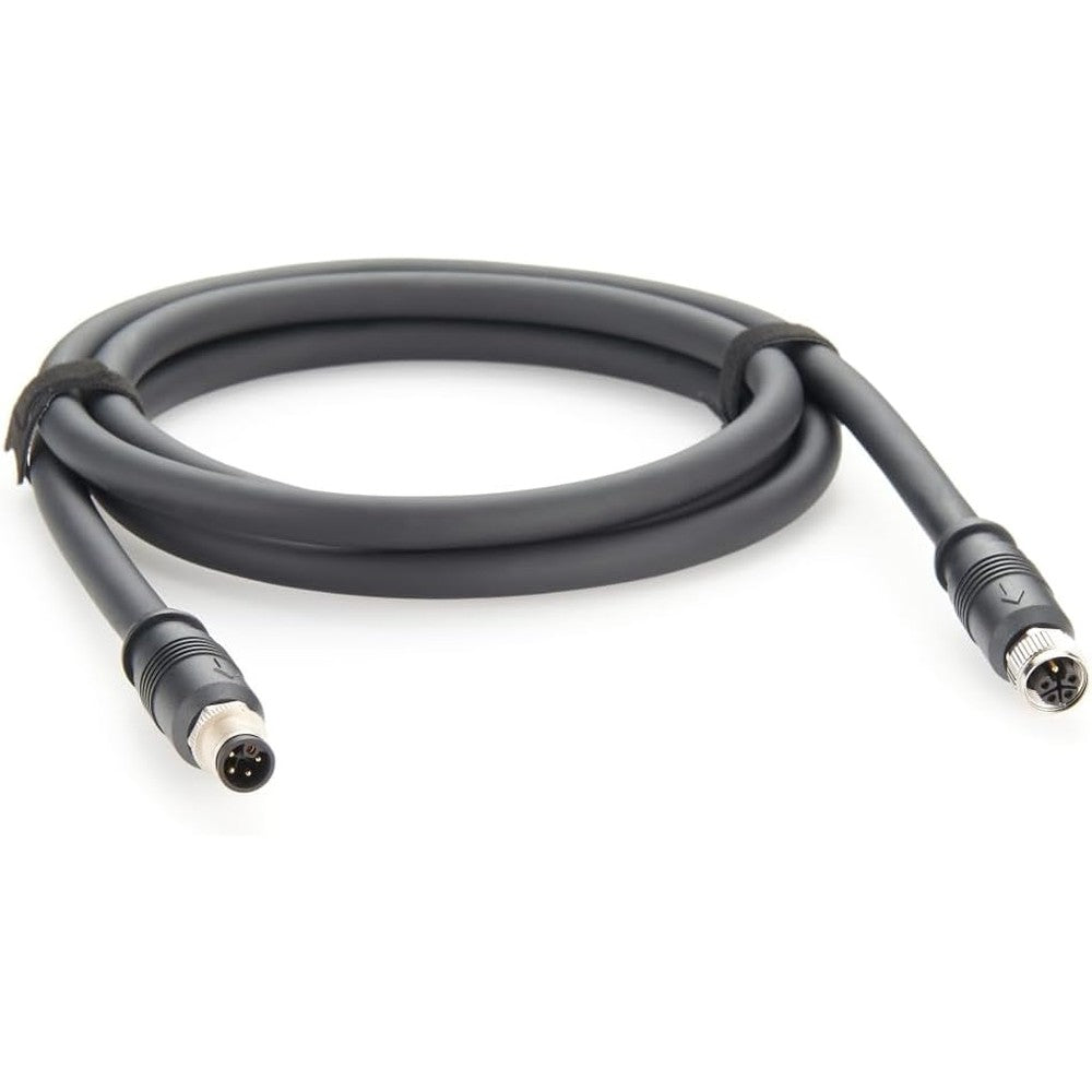 Contest M12 L-coded 5-pin male to female cable front view showing straight connectors.