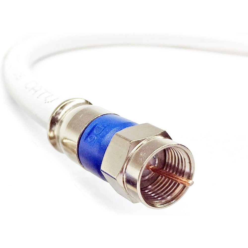 Phat Satellite two foot solid copper RG6 jumper coaxial cable with purple compression connectors front view.