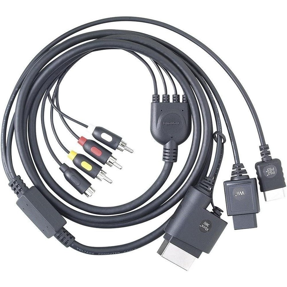 Gigaware Universal RCA Composite S-Video Gaming Cable front view showing multi-console adapter block and colored AV connectors.
