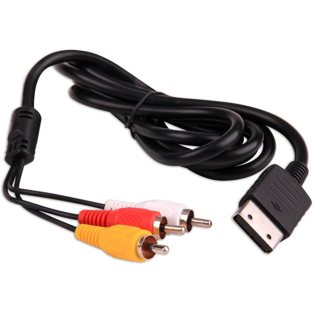 BUHCUWQB Sega Dreamcast composite AV cable front view showing proprietary connector and RCA plugs