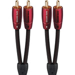 AudioQuest Golden Gate 1.5m pair of RCA analog interconnect cables showing the premium red braided jacket and gold-plated plugs.