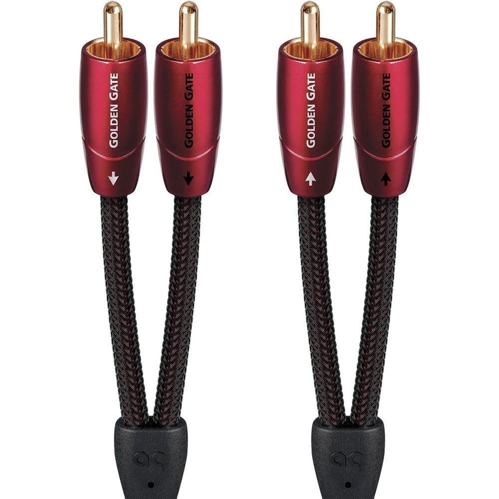 AudioQuest Golden Gate 1.5m pair of RCA analog interconnect cables showing the premium red braided jacket and gold-plated plugs.