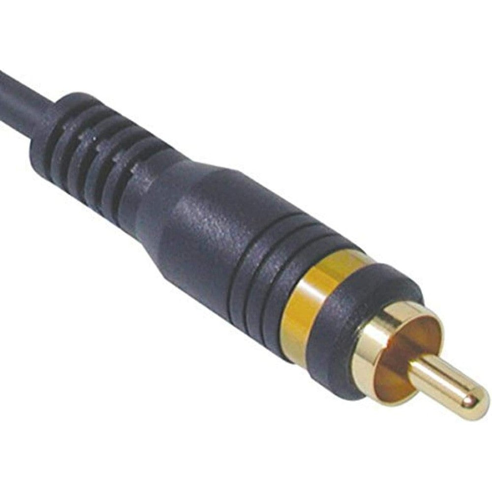 C2G Velocity composite video cable blue 12 feet front view showing gold-plated RCA connectors.