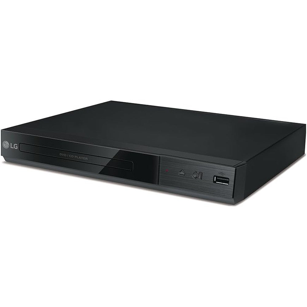 LG DP132H DVD Player front view showing slim black design and USB port
