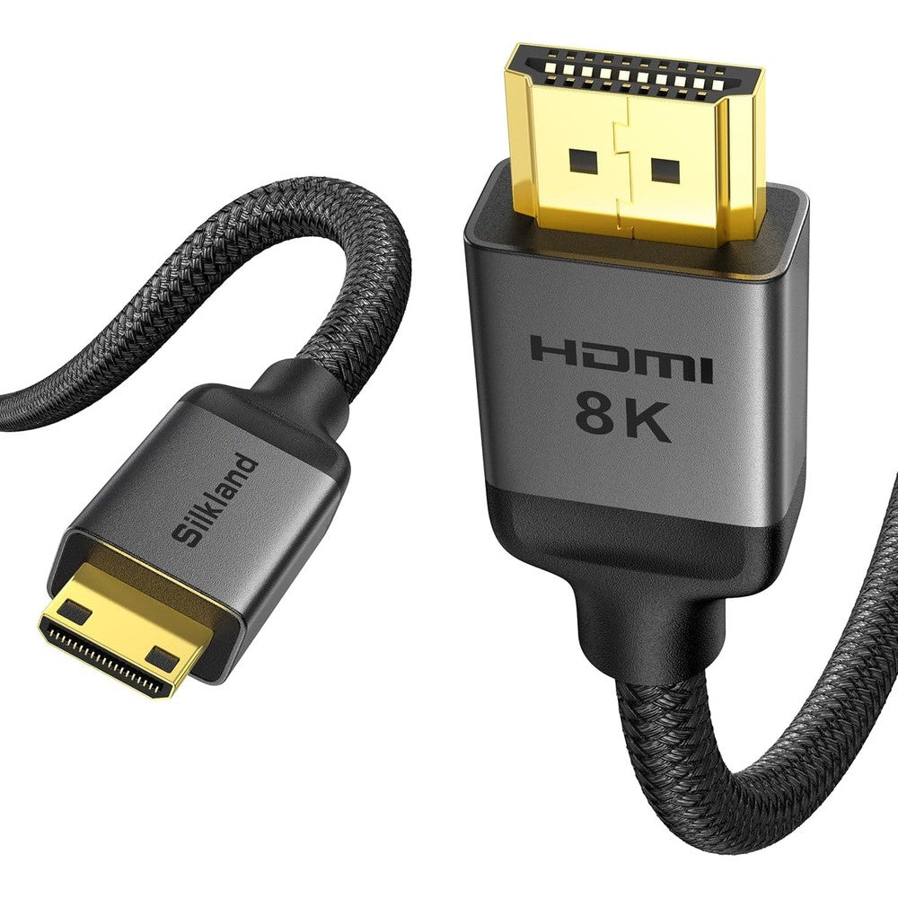 Silkland Mini HDMI to HDMI cable front view showing premium gold-plated connector pins.